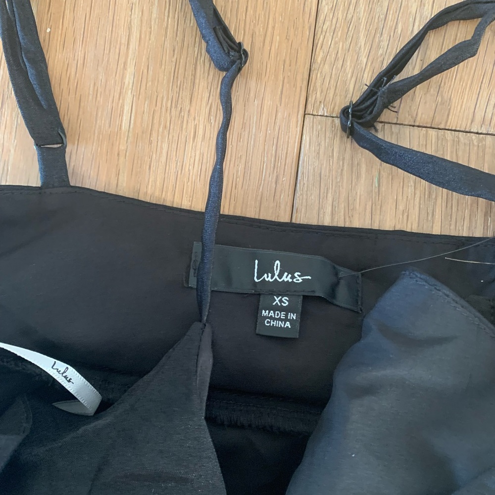 New With Tags! Lulu’s little black dress XS Party Pose Satin tiered min dress. - Picture 4 of 7